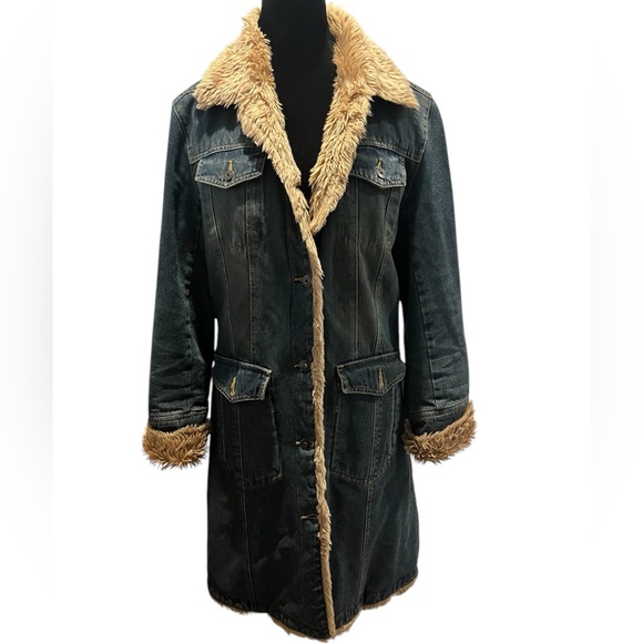 Vintage Wilsons Denim Faux Fur Lined Midi Coat - Picture 1 of 10